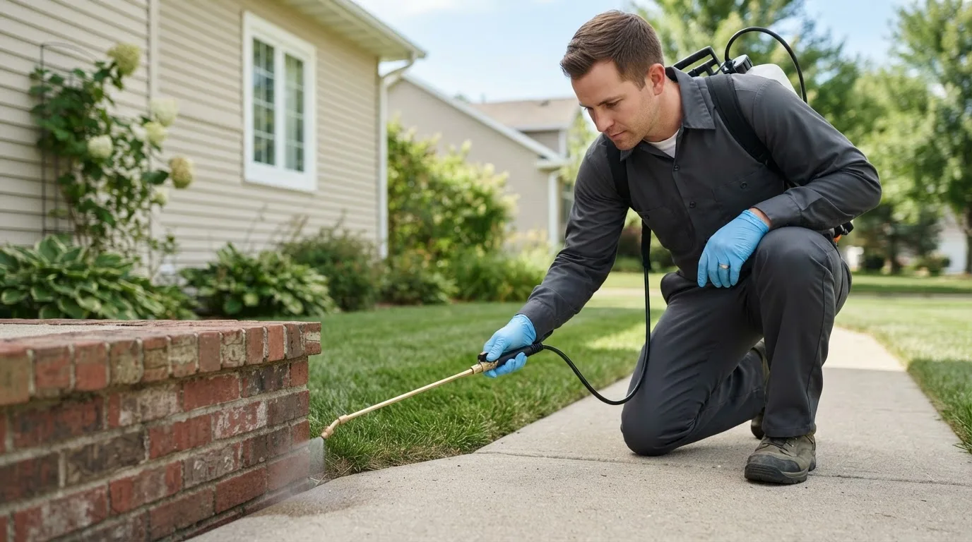 Pest control technician treating a home near North Reading, MA
