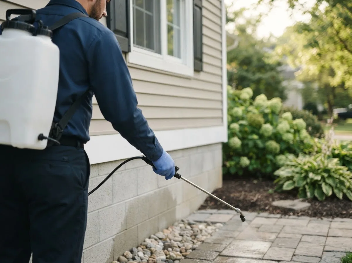 Pest control technician inspecting a home in North Reading, MA